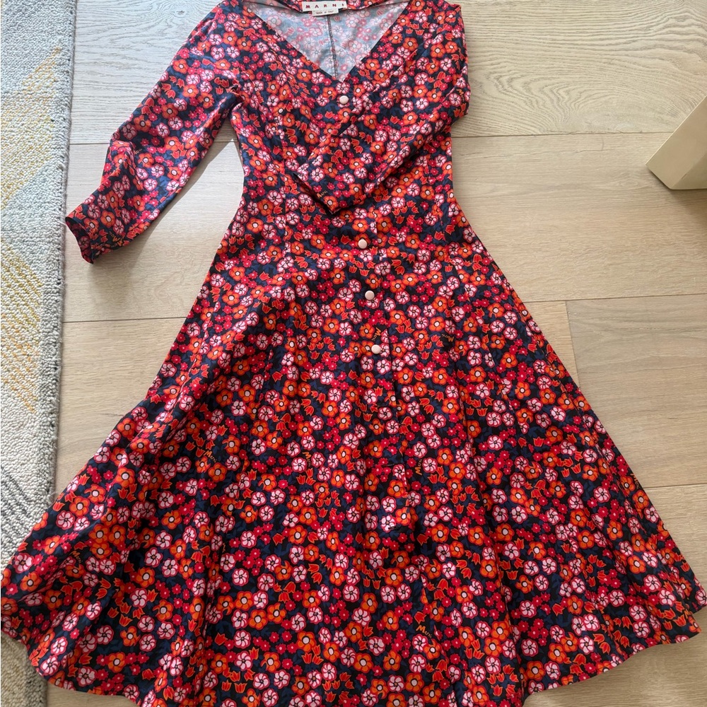Marni Red and Black Floral Long Sleeve Dress